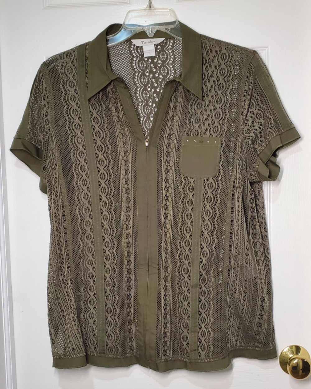 TanJay Womens Size 16 Olive Green Lace Crochet Blouse Top Short Sleeve Zip